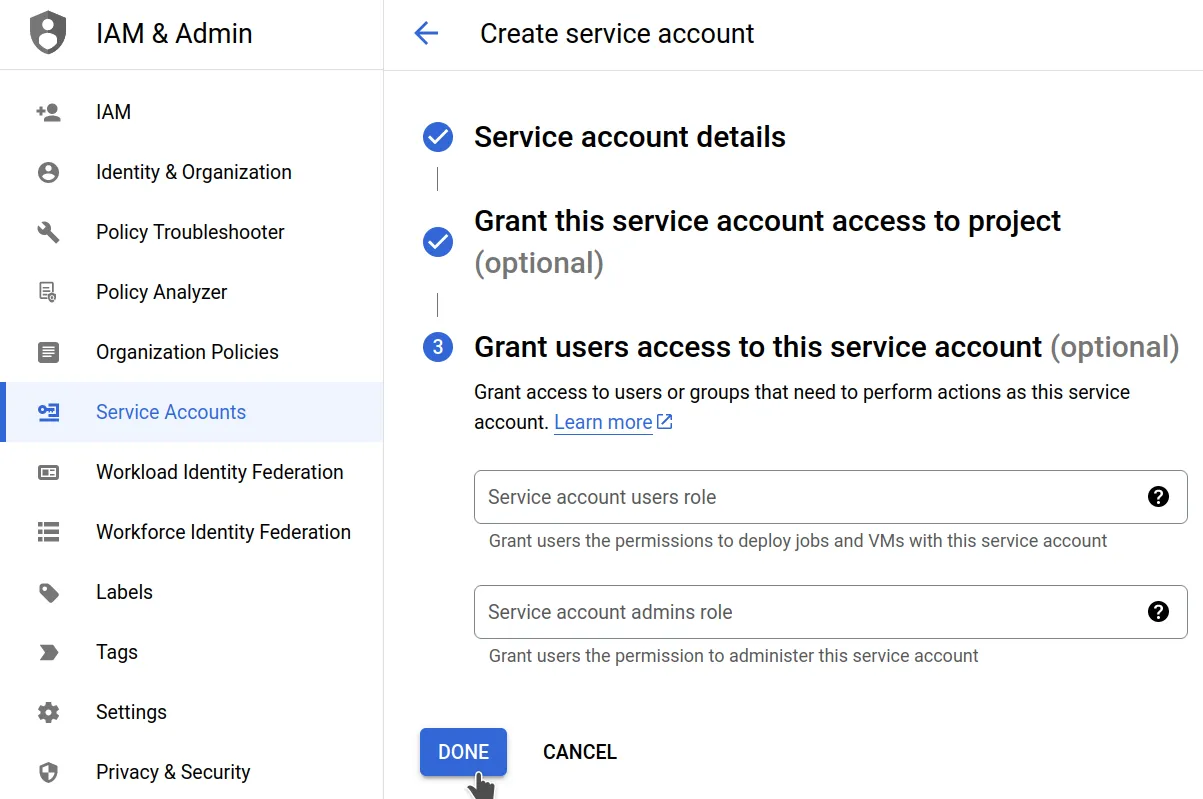 Create service account